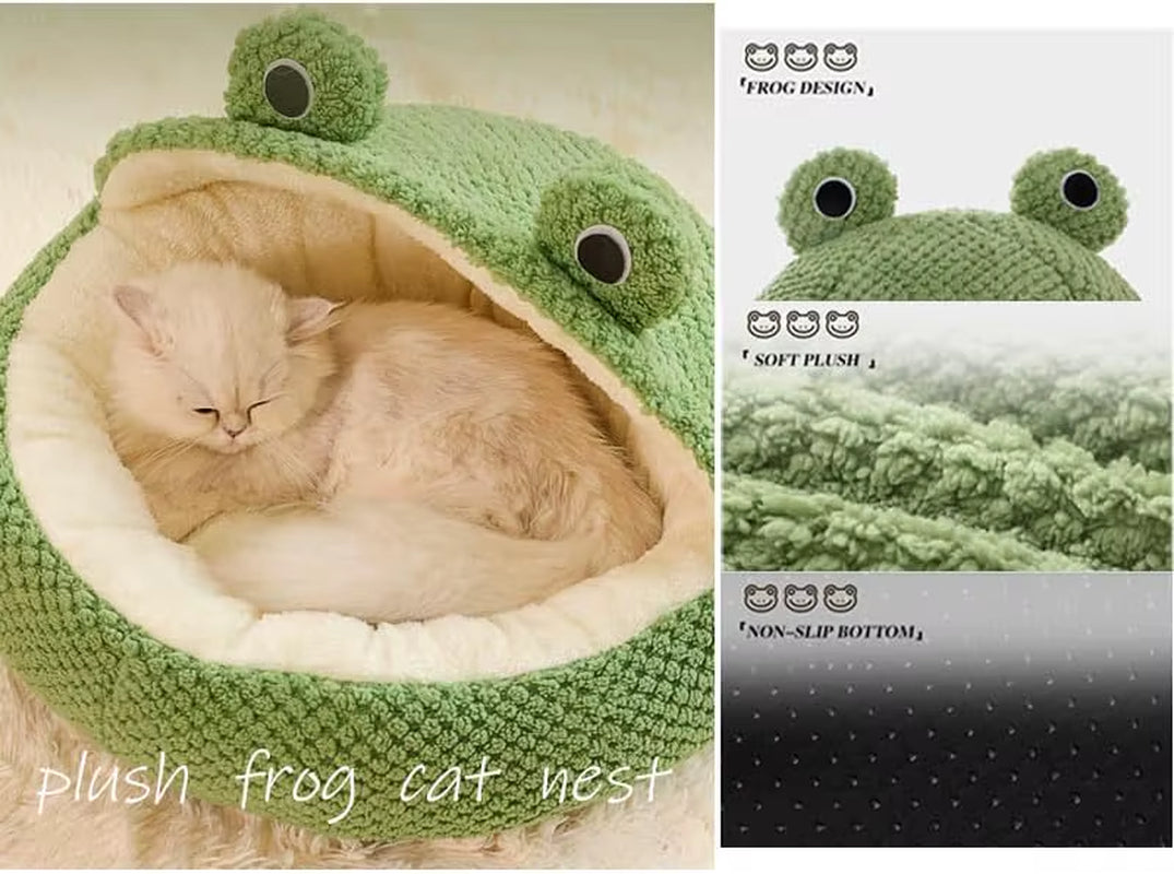Cute Frog Pet Bed for Small Dogs Cats, Cozy Cat Cave with Non-Slip Base Winter Warm Velvety round Puppy Kitten Bed
