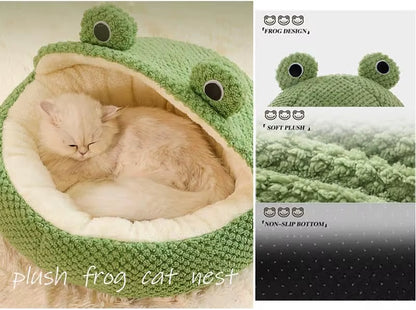 Cute Frog Pet Bed for Small Dogs Cats, Cozy Cat Cave with Non-Slip Base Winter Warm Velvety round Puppy Kitten Bed