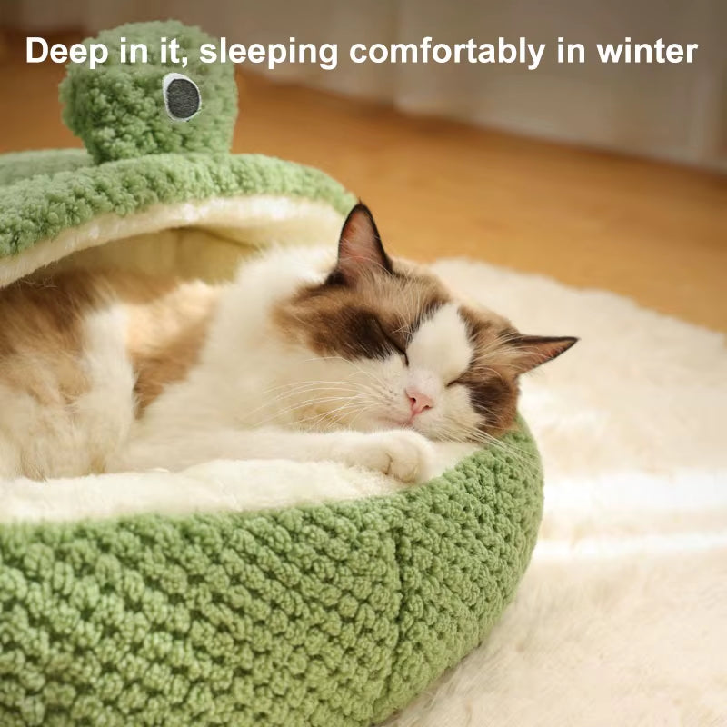 Cute Frog Pet Bed for Small Dogs Cats, Cozy Cat Cave with Non-Slip Base Winter Warm Velvety round Puppy Kitten Bed