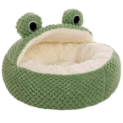 Cute Frog Pet Bed for Small Dogs Cats, Cozy Cat Cave with Non-Slip Base Winter Warm Velvety round Puppy Kitten Bed