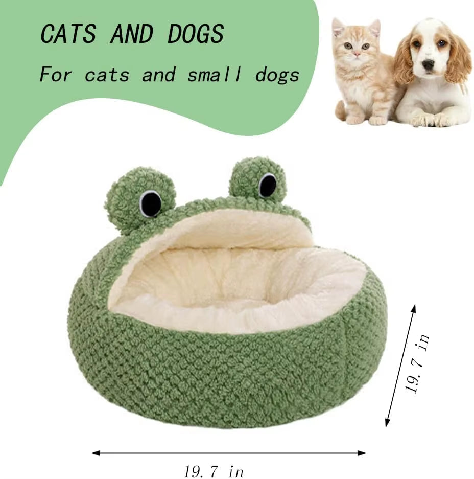 Cute Frog Pet Bed for Small Dogs Cats, Cozy Cat Cave with Non-Slip Base Winter Warm Velvety round Puppy Kitten Bed