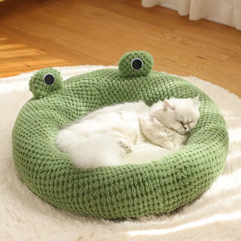 Cute Frog Pet Bed for Small Dogs Cats, Cozy Cat Cave with Non-Slip Base Winter Warm Velvety round Puppy Kitten Bed