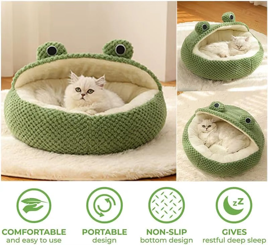 Cute Frog Pet Bed for Small Dogs Cats, Cozy Cat Cave with Non-Slip Base Winter Warm Velvety round Puppy Kitten Bed