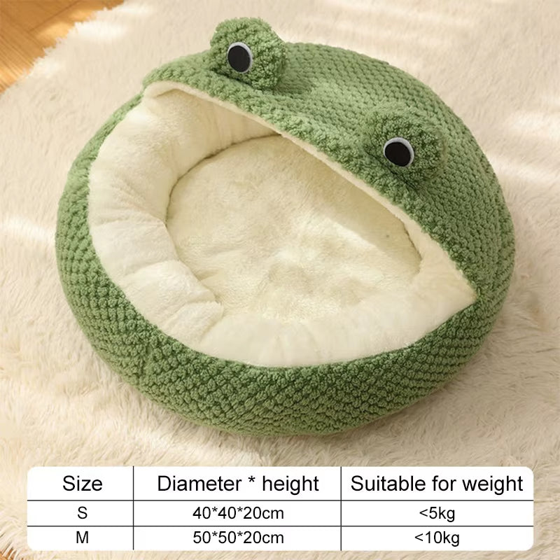 Cute Frog Pet Bed for Small Dogs Cats, Cozy Cat Cave with Non-Slip Base Winter Warm Velvety round Puppy Kitten Bed